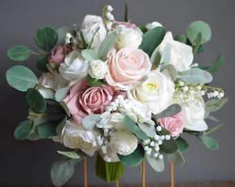 Dusty Pink, Blush And Cream White Wedding Bouquet, Real Touch Roses, Lamb&#39;s ears, Boho Bridal Bouquet, The Lily of Valley, Eucalyptus