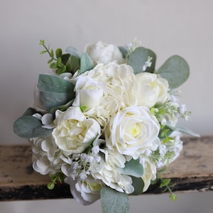 Cremeweiße Rosen Hortensien & Pfingstrosen Kunstblumen Brautstrauß, Frühlingssommerweiß Grün Brautjungfern Blumensträuße, Boutonnieres,