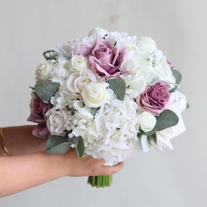 Faux White Dusty Mauve Flowers Greenery Wedding Bouquets, Real Touch Roses, Hydrangeas, Lamb&#39;s ears, Spring Summer Rustic Bridal Bouquet