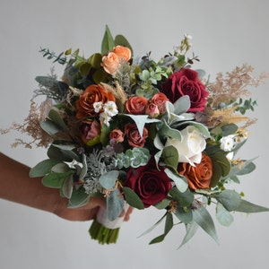 Wedding Bridal Bouquet With Burgundy/Rust/Burnt Orange , Terracotta Greenery Bridesmaids Bouquet, Fake Flowers bouquet, Real Touch Roses