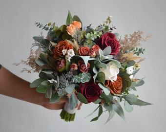Burgundy & Burnt Orange Wedding Bouquet, Terracotta Roses, Faux Greenery