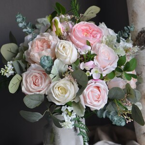 Blush White Wedding Bouquet, Faux Pink Flowers Bouquet, Pink Peony Bouquet, Lamb's ears, Boho Bridal Bouquet, Eucalyptus image 7