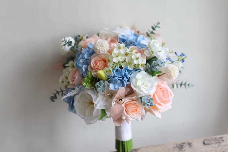 Artificial Bridal Bouquet: Peach, Blue, White Roses & Eucalyptus - Etsy