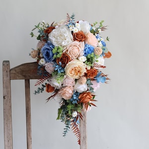 Fake Flowers Wedding Bouquet in Dusty Blue Burnt Orange Blush, Real Touch Roses, Autumn Fall Bridal Bouquets, Terracotta Boho, Winter Colors