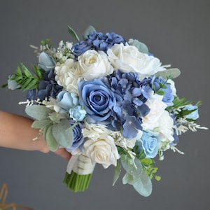 Fake Slate Blue & Dusty Blue Wedding Bouquet, Blue White Bridal Bouquet, Real Touch Faux Roses, Blue Boutonniere Corsage, Blue Wedding Decor