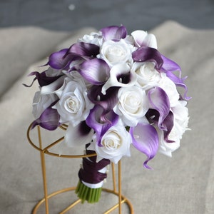Faux Purple Bride Bouquet, Purple Bridesmaids Bouquets, Plum Wedding, Real Touch Calla Lilies, White Roses, Royal Purple Lilac Bouquets