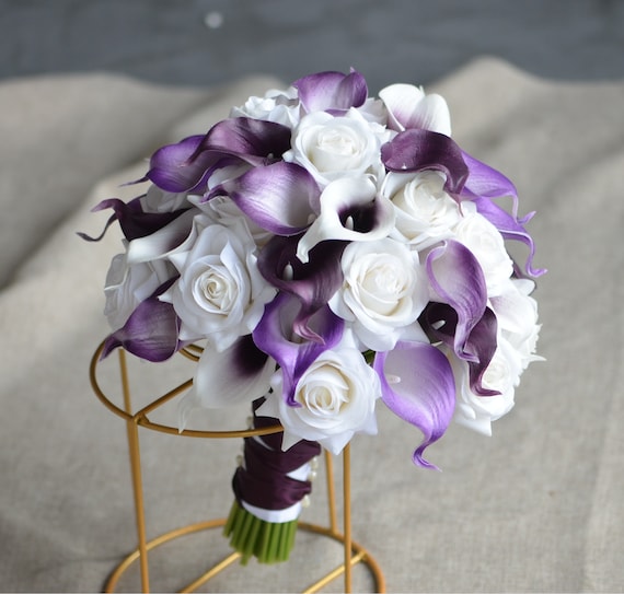Faux Purple Calla Lily Bouquet, White Roses, Plum Wedding
