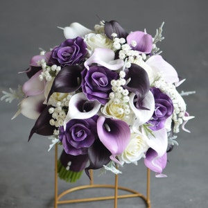 Faux Purples Bridal Bouquets, Dark Plum Wedding Bouquets, Lilac Lavender Bouquet, Real Touch Calla Lilies, Ivory Roses, White Baby&#39;s Breath