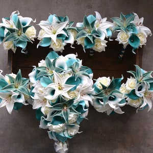 Turquoise Teal Bouquets, Bridesmaids Bouquets, Teal Tiger Lily Roses, Real Touch Calla Lilies, Faux Flowers Bridal Bouquets