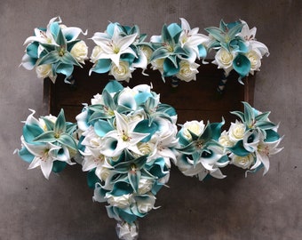 Teal Tiger Lily & Calla Lily Bouquet, Faux Wedding Flowers