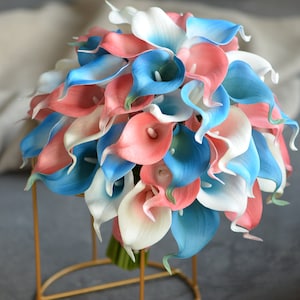 Malibu Blue Coral Wedding Bouquets, Real Touch Calla Lilies, Blue Bridal Bouquet, Beach Wedding Bouquet, Boutonnieres