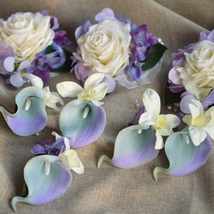 Turquoise Purple Boutonnieres, Calla Lily Groom Groomsman Boutonnieres, Real Touch Calla Lilies, Orchids, Pin Corsage, Wrist Corsages