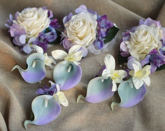 Turquoise Purple Boutonnieres, Calla Lily Groom Groomsman Boutonnieres, Real Touch Calla Lilies, Orchids, Pin Corsage, Wrist Corsages