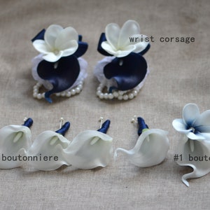 White calla Boutonnieres, White Plumerias, Navy Corsages, Calla Lily Groom Boutonnieres, Real Touch Calla Lilies, Plumeria Corsage
