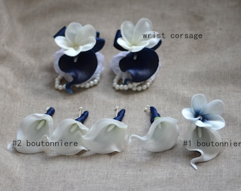 White calla Boutonnieres, White Plumerias, Navy Corsages, Calla Lily Groom Boutonnieres, Real Touch Calla Lilies, Plumeria Corsage