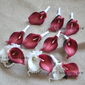 Burgundy Boutonnieres, Burgundy Red, Burgundy calla Corsages, Calla Lily Groom Boutonnieres, Real Touch Calla Lilies Boutonnieres