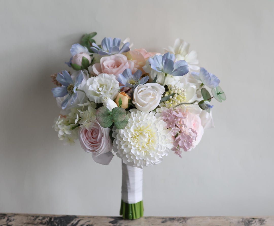 Pastel Blue Pink Peach Wildflowers Bridal Bouquet, Spring Summer ...
