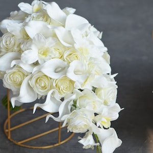 Ivory Real Touch Roses Bridal Bouquet, White Calla Lilies Wedding Bouquets, Ivory Orchids Wedding Bouquet