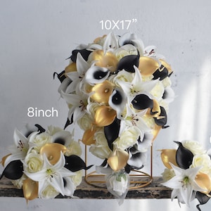 Faux Flowers Bouquet, Black Gold White Bridal Bouquets,  Real Touch Artificial Roses, Calla Lilies, Tiger Lily, Wedding Boutonnieres Corsage