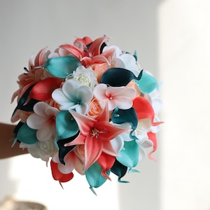 Fake Flowers Beach Turquoise Coral Bridal Bouquets, Calla Lilies, Real Touch Plumerias, Coral Beach Bridesmaids Bouquet, Shells, Starfishes