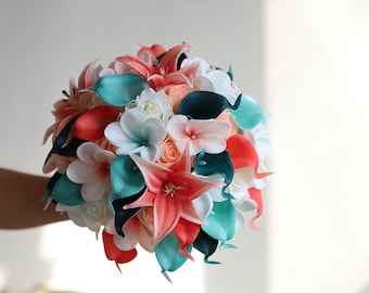 Coral Turquoise Bridal Bouquet, Real Touch Calla Lilies, Plumerias, Starfishes