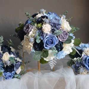Faux Bridal Bouquet, Dusty Blue/SLATE BLUE/Navy Artificial Flowers, Blues White Wedding Bouquet, Real Touch Roses, Boutonnieres Corsages