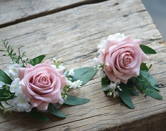 Real Touch Dusty Rose Pink Boutonnieres, Wedding Boutonniere & Wedding Corsage, Wedding Homecoming Prom Corsage