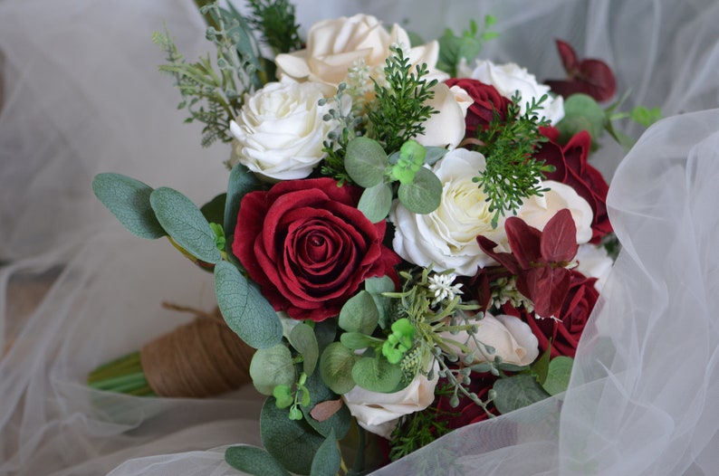 Faux Burgundy Beige And Ivory Wedding Bouquet, Boho Bouquet, Bridal Bridesmaids Bouquet, Rose and Eucalyptus, Real Touch Fake Flowers image 5