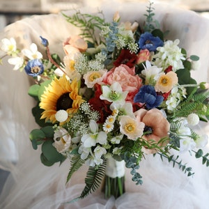 Faux Flowers Peach Blue Red Colorful Wedding Bouquet, Spring Boho Bridal Bouquet With Wildflowers, Coral White Green folk bouquets