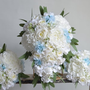 Ice Blue Bridal Bouquets, Rustic Silk Bridal Bouquets, French Blue Hydrangeas , Ivory White Roses, Light Blue Bouquets, Boutonnieres