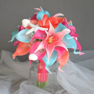 Coral Aqua Hot Pink Beach Bouquets, Faux Real Touch Calla lily, Plumeria Rose, Shells, Starfishes, Tropical Wedding Package, Bride Bouquets