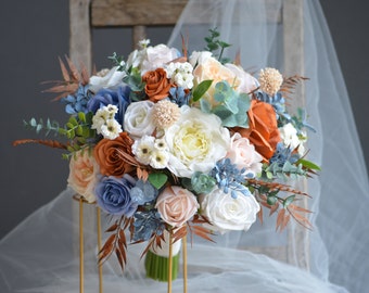 Faux Dusty Blue And Burnt Orange White Wedding Bouquets, Real Touch Fake Roses, Blue White Bridal Bouquets, Terracotta Boho, Faux Flowers