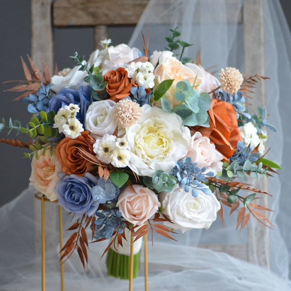 Faux Dusty Blue And Burnt Orange White Wedding Bouquets, Real Touch Fake Roses, Blue White Bridal Bouquets, Terracotta Boho, Faux Flowers