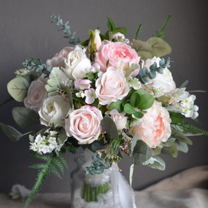 Blush White Wedding Bouquet, Faux Pink Flowers Bouquet, Pink Peony Bouquet, Lamb's ears, Boho Bridal Bouquet, Eucalyptus image 5