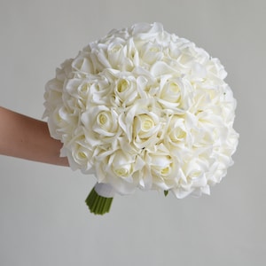 Faux Flowers Bouquet, Cream White Real Touch Roses Bridal Bouquet, Bridesmaids Wedding Bouquets, Ivory Roses Boutonieres, Wrist Corsages