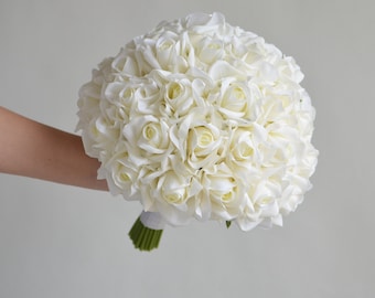 Faux Flowers Bouquet, Cream White Real Touch Roses Bridal Bouquet, Bridesmaids Wedding Bouquets, Ivory Roses Boutonieres, Wrist Corsages