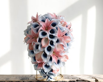 Navy Picasso Calla Lily Bouquet, Blush Pink Tiger Lilies, Real Touch Wedding Flowers