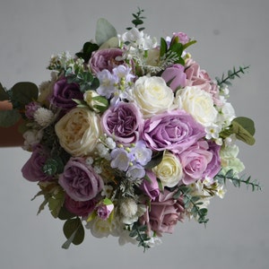 Fake Flowers Mauve Lavender Wedding Bouquet, Dusty Lilac, Lavender Real Touch Flowers, Light Purple Wedding Bouquet