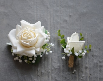 Faux Ivory Rose Boutonnieres, Real Touch Ivory Roses Wrist Corsage, Dusty Leaves, Baby's Breath, Wedding Boutonnieres