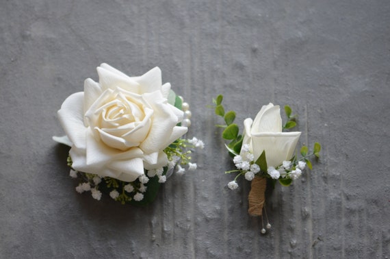 Ivory Rose Boutonniere, Real Touch Corsage, Wedding Flowers