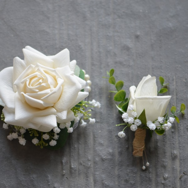 Faux Ivory Rose Boutonnieres, Real Touch Ivory Roses Wrist Corsage, Dusty Leaves, Baby's Breath, Wedding Boutonnieres