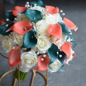 Coral Teal Bridal Bouquets, Real Touch Calla Lilies, Real Touch Ivory Roses, Coral Beach Bridesmaids Bouquets