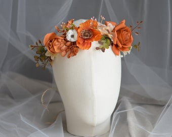 Terracotta Flowers crown, Burnt Orange Wedding Floral Comb, Autumn Bridal Crown, Fall Bohemian Crown, Dainty Floral Crown