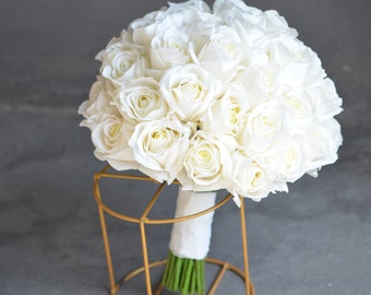 12" Faux Ivory Real Touch Roses Bridal Bouquet, Cream White Wedding Bouquets, Off White Roses Artificial Flowers Bouquets