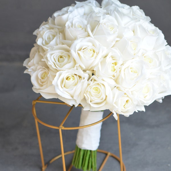 12" Faux Ivory Real Touch Roses Bridal Bouquet, Cream White Wedding Bouquets, Off White Roses Artificial Flowers Bouquets