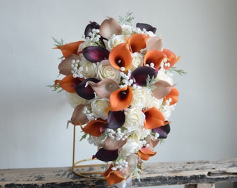 Fall Calla Lily Bridal Bouquet, Burnt Orange Burgundy Ivory Rose, Real Touch Faux Flowers