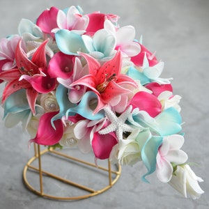 Aqua Hot Pink Beach Bouquets, Real Touch Calla Lilies, Plumerias Roses, Shells, Starfishes Wedding Package, Silk Bride Bouquets