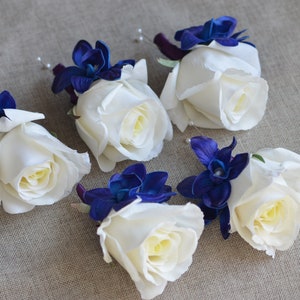 Ivory Rose Boutonniere, Blue Purple Orchid & White Rose Boutonniere, Royal Blue White Wedding Boutonniere image 2