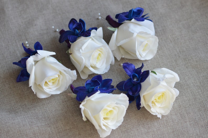 Ivory Rose Boutonniere, Blue Purple Orchid & White Rose Boutonniere, Royal Blue White Wedding Boutonniere image 2