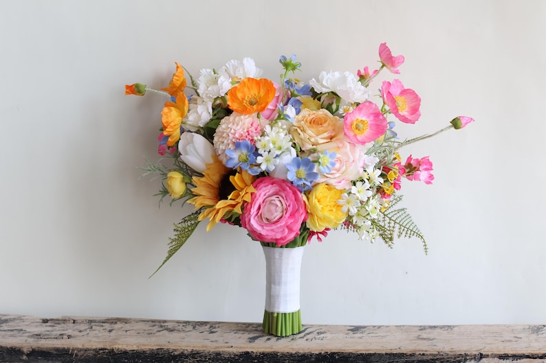 Wildflower Bridal Bouquet: Orange, Pink, Yellow Artificial Flowers, Colorful Spring Summer Wedding Bouquets, Boutonnieres, Corsages one bouquet-13~14"